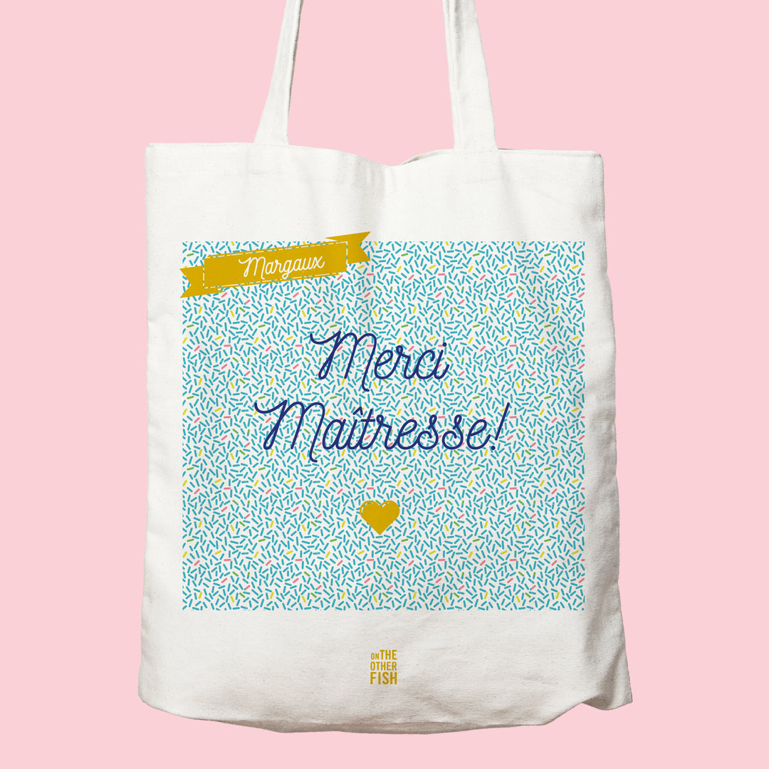 Merci, maitresse, tote bag, personnalisation, bleu, or