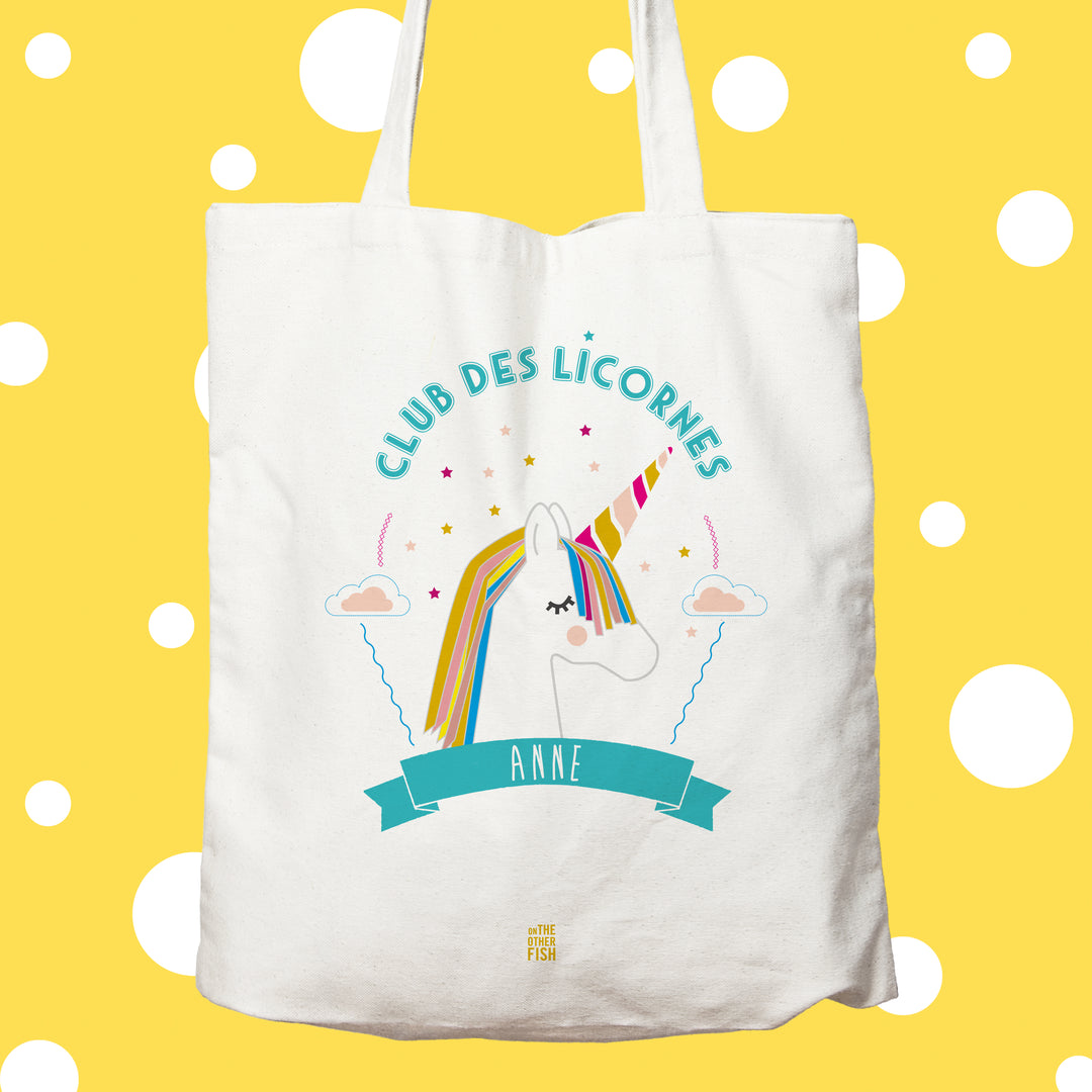 sac, tote, bag, tote bag, licorne, multicolore, banderole, prénom, corne, crinière, personnalisation