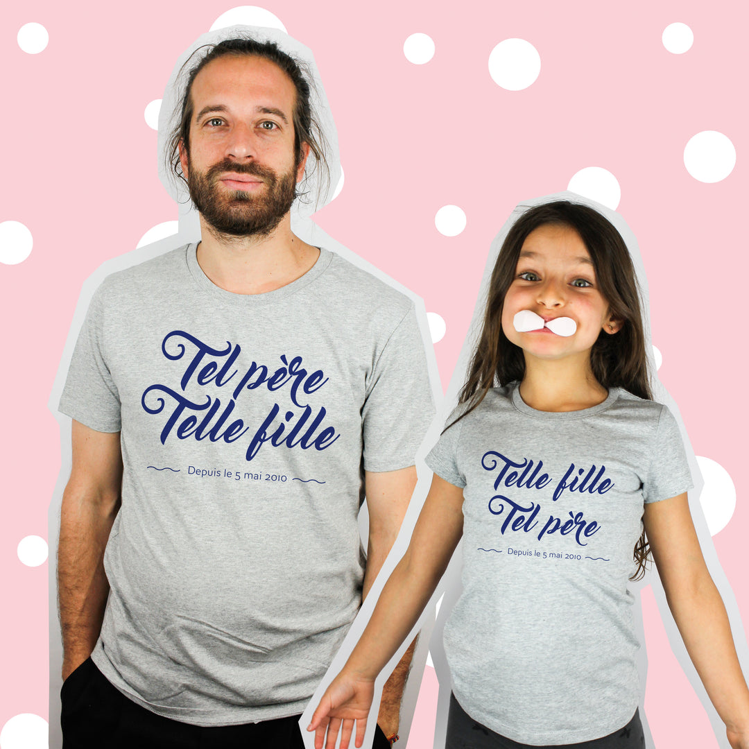 lot, tee shirt, personnalisation, pere, fille, fils, tel père telle fille, gris, papa
