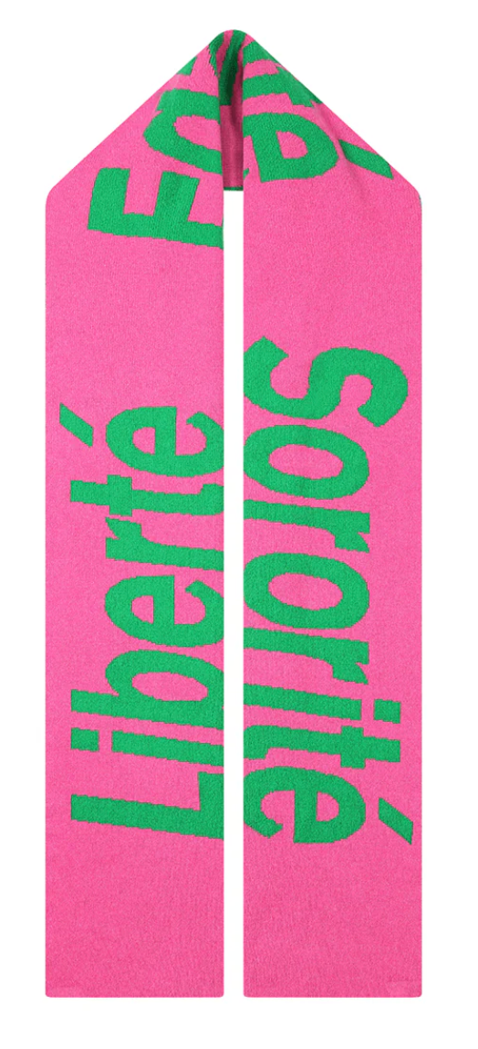 Écharpe « Liberté, Égalité, Sororité » – Slogan féministe rose bubblegum et vert kelly
