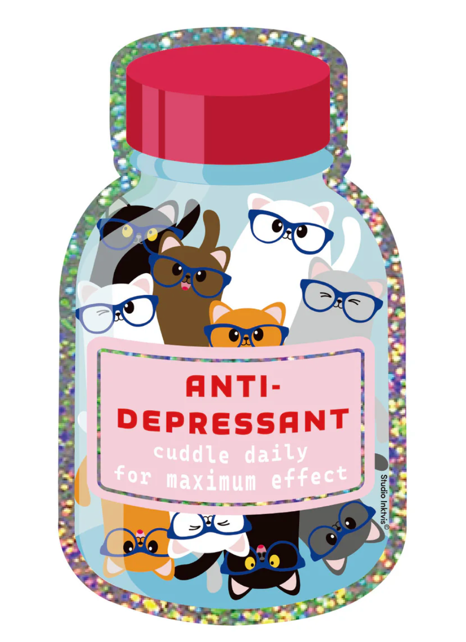 Sticker holographique chat anti-depressant - Studio Inktvis