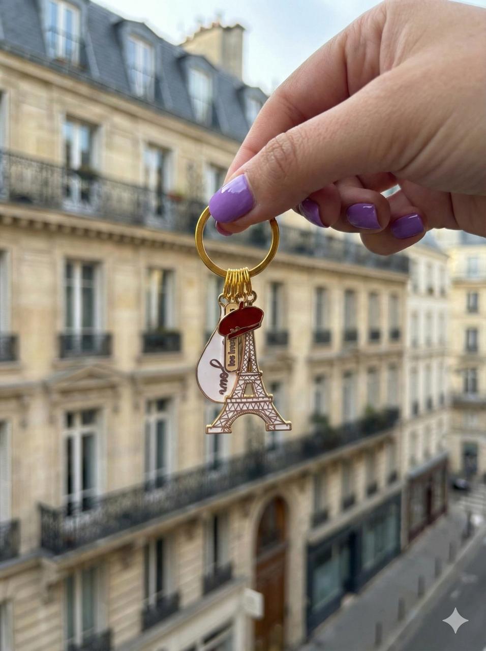 Porte-Clé - Charms de Paris, Tour Eiffel, Béret et Bonjour