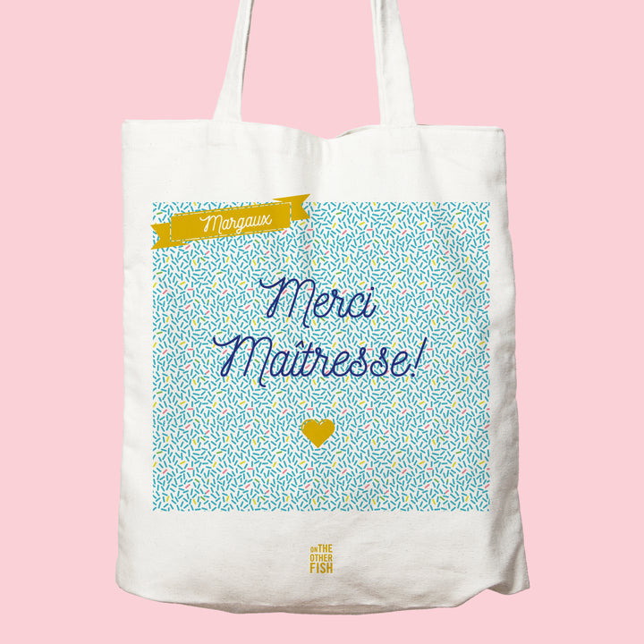 Merci, maitresse, tote bag, personnalisation, bleu, or