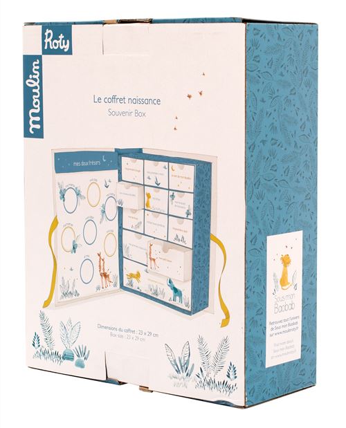 Découvrez le coffret naissance de la collection Sous mon baobab de Moulin Roty, un coffret à trésors pour ranger dans chacun des tiroirs toutes les douceurs de l'enfance. Ce coffret illustré met en scène les animaux de la collection rassembleront les souvenirs de naissance et garderont les premiers trésors de bébé dans les petits tiroirs.