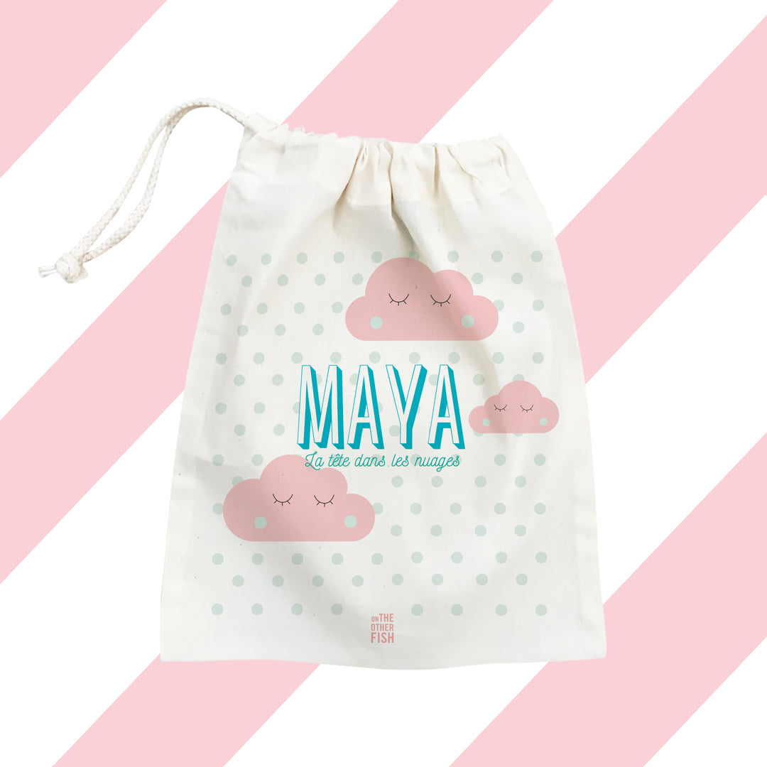 nuage, coton, pois, rose, bleu, personnalisation, prénom, enfant, gouter, école, cadeau